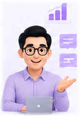 Người đàn ông đeo kính, áo tím, giơ tay giới thiệu, bên cạnh là biểu đồ cột và hai khung trò chuyện