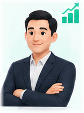 Người đàn ông mặc vest khoanh tay, bên cạnh là biểu đồ cột đi lên