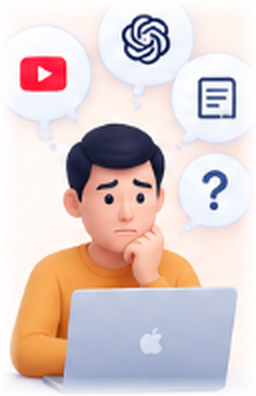 Người đàn ông ngồi trước laptop, băn khoăn, xung quanh là video, ChatGPT, tài liệu và dấu hỏi