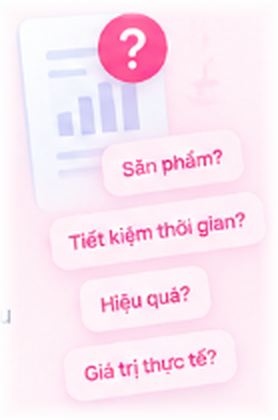 Tài liệu báo cáo có dấu hỏi và các câu hỏi “Sản phẩm?”, “Tiết kiệm thời gian?”, “Hiệu quả?”, “Giá trị thực tế?”